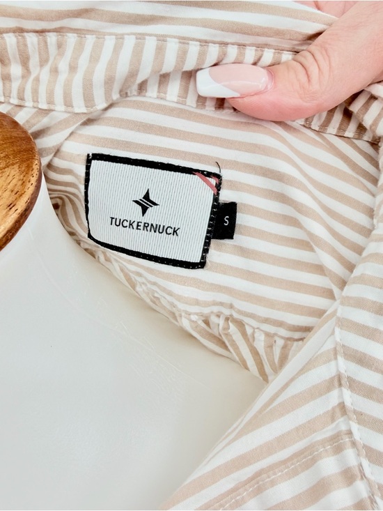 TUCKERNUCK Adair Tan White Striped Boyfriend Blouse in Beachwood Stripe - Picture 6 of 7